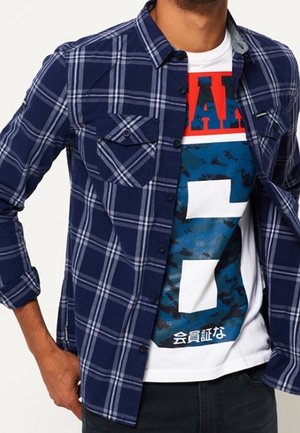 Mand iført en blå ternet skjorte over en hvid T-shirt med rødt, blåt og sort design og japansk tekst.