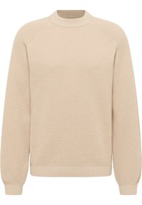 Beiger Strickpullover mit strukturiertem Muster, Rundhalsausschnitt, Raglanärmeln sowie gerippten Bündchen und Saum. Weicher Stoff mittlerer Stärke.