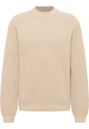 Bēšs adīts džemperis ar teksturētu rakstu, apaļu kaklu, raglāna piedurknēm un ribotām aprocēm un apakšmalu. Mīksts, vidēja svara audums.