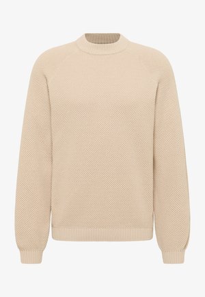 Bézs kötött pulóver mintás mintával, kerek nyakkal, raglán ujjakkal és bordás szegéllyel az ujjakon és az alján. Puha, közepes vastagságú anyag.