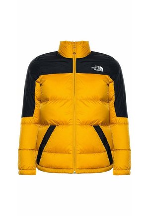 Giubbotto a vento giallo e nero con alto collo, zip frontale e due tasche laterali. Presenta cuciture orizzontali per l'isolamento.