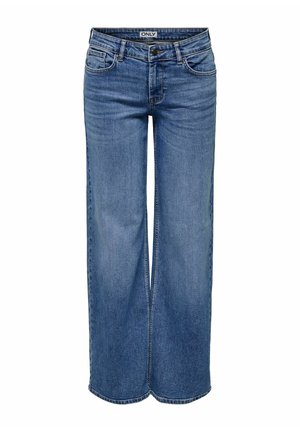 Jeans en denim bleu à jambes larges avec une taille haute, présentant un design à cinq poches et une fermeture à bouton. Texture lisse, sans motifs ni embellissements.