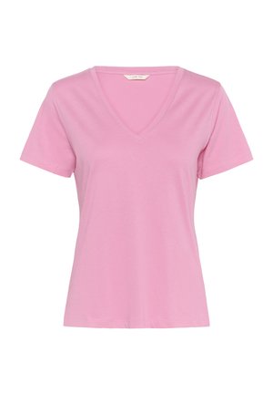 Tricou roz cu decolteu în V, confecționat din bumbac moale. Mâneci scurte, croi drept, detalii minime, potrivit pentru îmbrăcăminte casual.