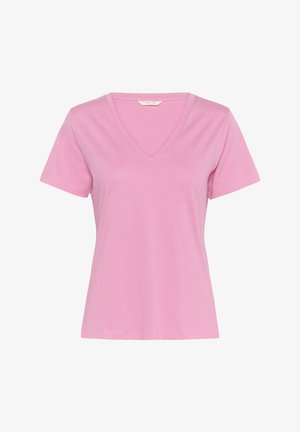 Tricou roz cu decolteu în V, confecționat din bumbac moale. Mâneci scurte, croi drept, detalii minime, potrivit pentru îmbrăcăminte casual.