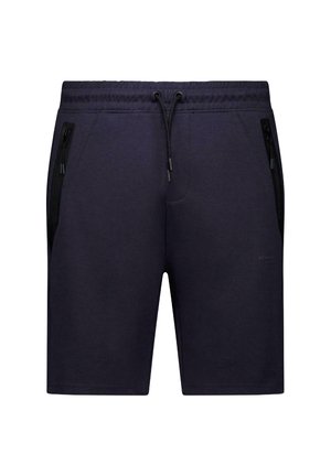 Marineblauwe shorts van een zachte katoenmix. Voorzien van een elastische tailleband met trekkoord, twee zijzakken met rits en minimale branding.