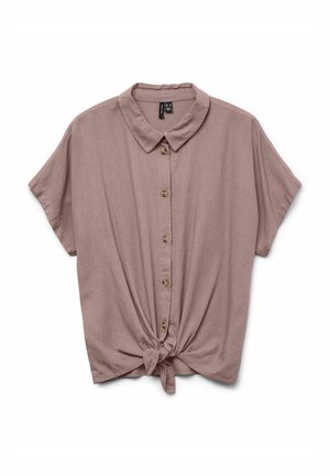 Kortærmet, mauve skjorte med knaplukning og krave. Har en knyttet frontdetalje og træknapper. Blødt stof med behagelig tekstur.