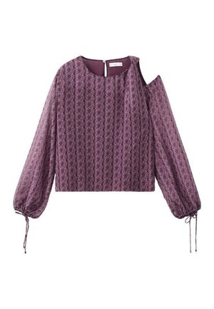 Lila Bluse mit langen Ärmeln und Cut-Outs an den Schultern, mit floralem Muster, elastischen Bündchen und Reißverschluss auf der Rückseite.