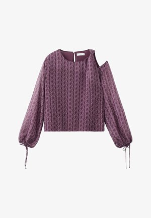 Lila Bluse mit langen Ärmeln und Cut-Outs an den Schultern, mit floralem Muster, elastischen Bündchen und Reißverschluss auf der Rückseite.