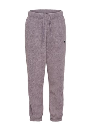 Zachte lavendelkleurige fleece joggingbroek met elastische tailleband, trekkoord en klein zwart-wit logo op de linker dij.