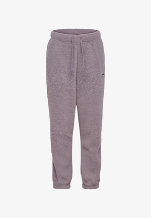 Zachte lavendelkleurige fleece joggingbroek met elastische tailleband, trekkoord en klein zwart-wit logo op de linker dij.