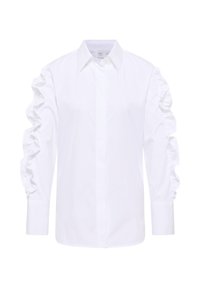 Hvid skjorte med knapper, lavet af letvægtsstof, med flæseærmer og en klassisk krave. Enkel, ren design med en skræddersyet pasform.