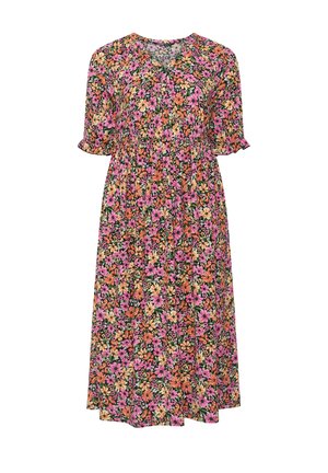 Vestido midi floral con flores rosas, naranjas y amarillas, mangas cortas abullonadas, escote en V y cintura fruncida sobre fondo negro.