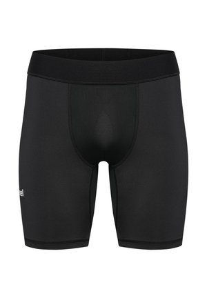 Schwarze Sportshorts aus dehnbarem Stoff, mit enger Passform, elastischem Bund und verstärkten Nähten für Langlebigkeit.