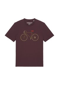 Bordeaux T-shirt van katoen, met een grafisch ontwerp van een fiets in beige en rood. Ronde hals en korte mouwen, met een ontspannen pasvorm.