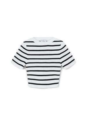 T-shirt en coton coupé avec des rayures horizontales noires et blanches, manches courtes et col rond. Texture douce, design décontracté.