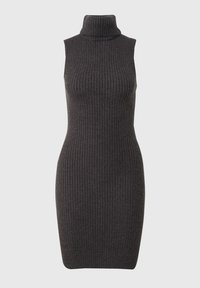 Bez piedurknēm, turtleneck kleita, tumši pelēka, ribota tekstūra, pielāgota forma, līdz ceļgaliem, mīksts adījuma materiāls.