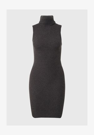 Bez piedurknēm, turtleneck kleita, tumši pelēka, ribota tekstūra, pielāgota forma, līdz ceļgaliem, mīksts adījuma materiāls.