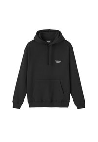 Haut à capuche noir avec un cordon de serrage, poche kangourou à l'avant et texte "POTENTIEL À L'INTÉRIEUR" en blanc sur la poitrine. Tissu en coton doux.