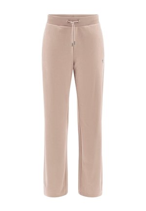Pantalon en polaire beige clair avec taille élastique et cordon de serrage à l'avant, coupe droite, avec un logo discret sur la partie supérieure de la cuisse gauche.