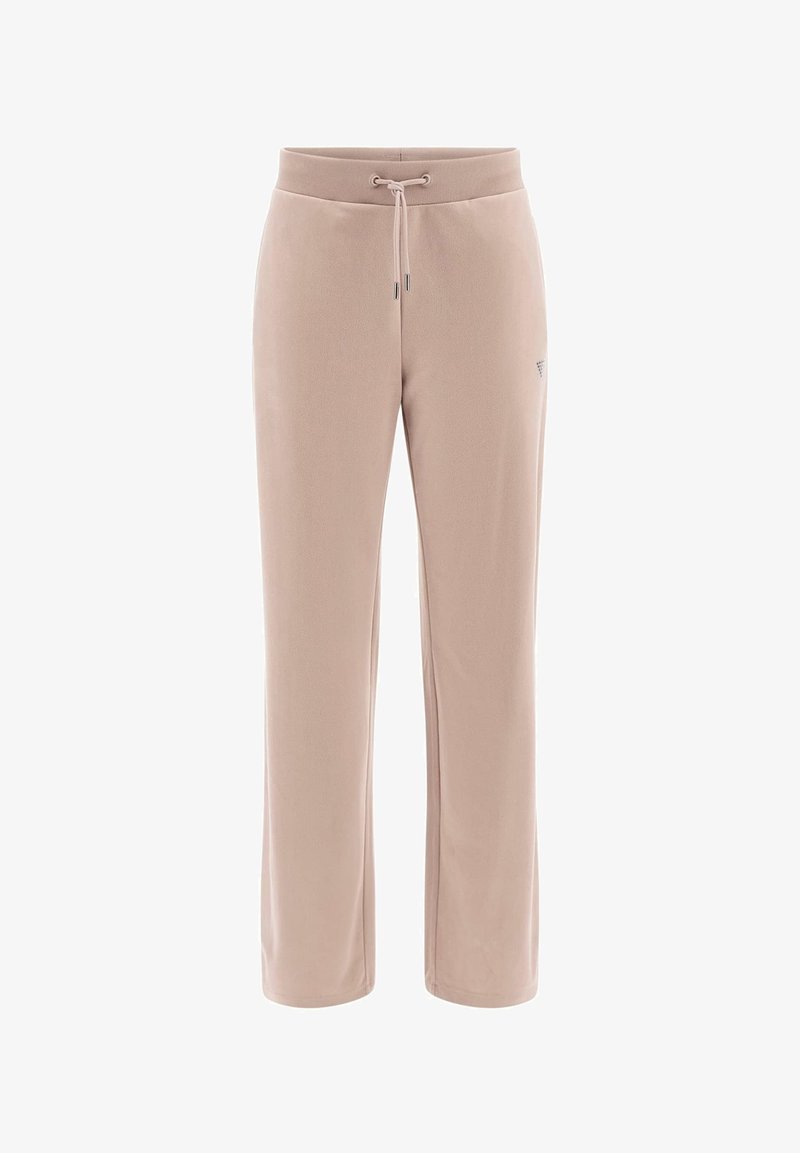 Pantalon en polaire beige clair avec taille élastique et cordon de serrage à l'avant, coupe droite, avec un logo discret sur la partie supérieure de la cuisse gauche.