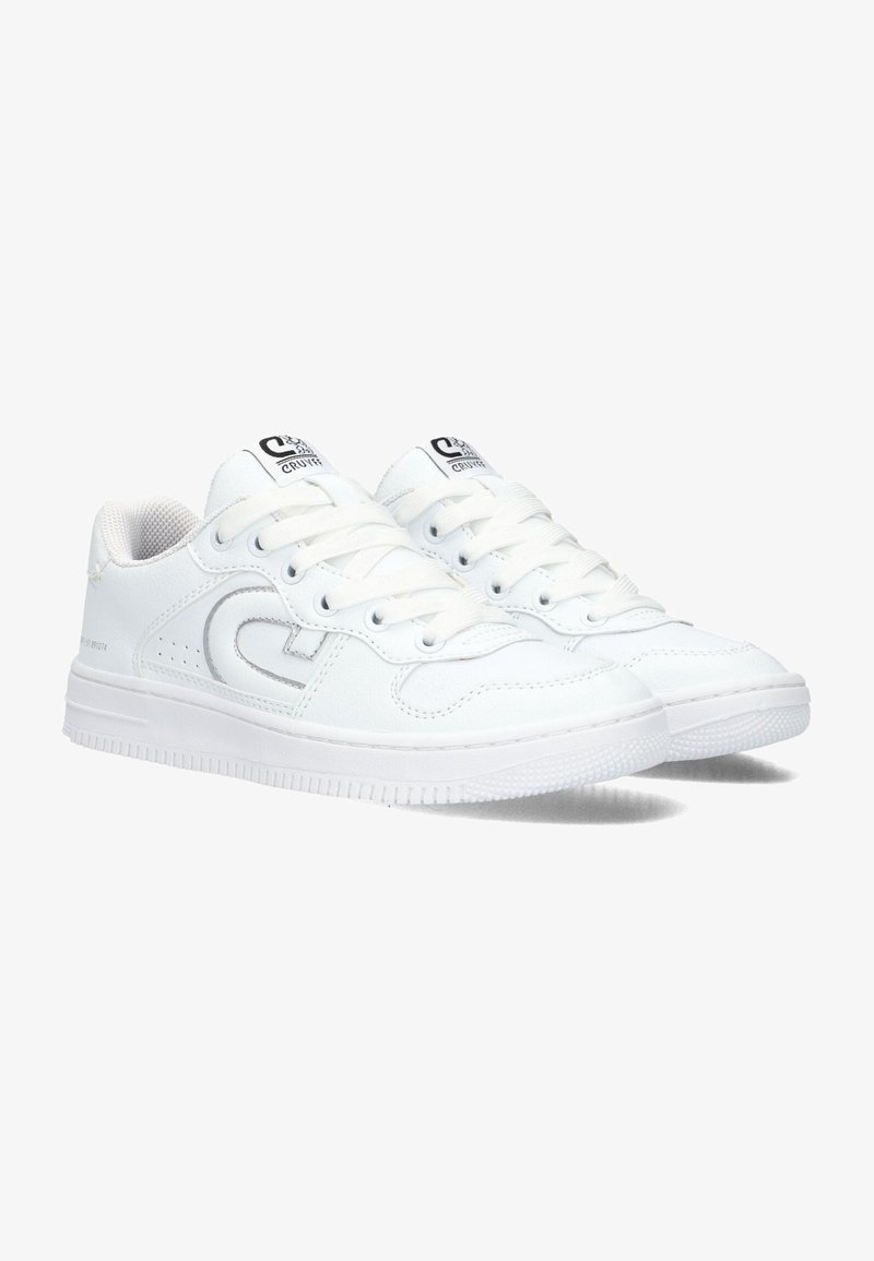 White synthetic sneakers with a smooth texture, round toe, lace-up design, and a subtle gray logo detail on the side.