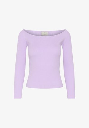 Lillakaspunane soonikkoes kampsun, millel on lai paadikaelus ja pikad varrukad, talje liibuv, krae sees on silt "Kaffe".