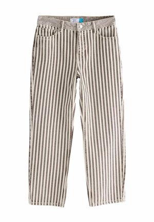 Jeans droits rayés en beige et crème, avec une fermeture à bouton, cinq poches et une taille mi-haute avec une texture subtile.