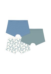 Τρία ζευγάρια μπόισορτς: ριγέ μπλε, μονόχρωμο τιρκουάζ και λευκό με μπλε σχέδιο πύργου του Άιφελ· μαλακό ύφασμα, χωρίς ορατά μεταλλικά μέρη ή διακοσμητικά.