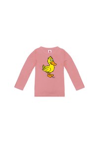 Rosa Langarmhemd aus Baumwolle mit einer Cartoon-Illustration einer gelben Ente in der Mitte. Einfacher runder Halsausschnitt und weicher Stoff.