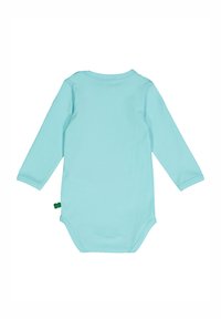 Body in cotone azzurro chiaro a maniche lunghe, con scollatura rotonda, texture morbida e un'etichetta verde accentata sul lato.