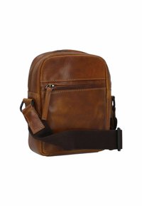 Borsa a tracolla in pelle marrone con scomparto principale con zip, tasca frontale e tracolla regolabile marrone. Texture liscia e forma rettangolare.