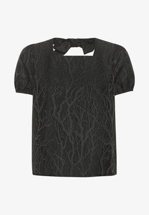 Melna blūze ar teksturētu koka zaru rakstu, īsām puffēm un kvadrātveida izgriezumu. Sasaistāma aizmugurē, lai pielāgotu izmēru.