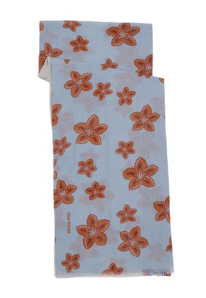 Jasnoniebieska tkanina z pomarańczowym wzorem kwiatowym i subtelnymi szarymi kwiatami, złożona z napisem „miłe rzeczy” w pobliżu dolnej krawędzi.