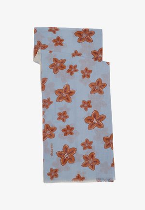 Svetlomodrá látka s oranžovým kvetinovým vzorom a jemnými sivými kvetmi, zložená s textom "pekné veci" blízko spodného okraja.