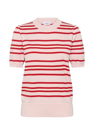 Gaiši rozā īsas piedurknes džemperis ar sarkanām horizontālām svītrām, ribotu apkakli un apakšmalu, kā arī viegli uzpūstām piedurknēm.