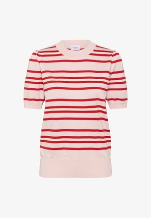 Gaiši rozā īsas piedurknes džemperis ar sarkanām horizontālām svītrām, ribotu apkakli un apakšmalu, kā arī viegli uzpūstām piedurknēm.