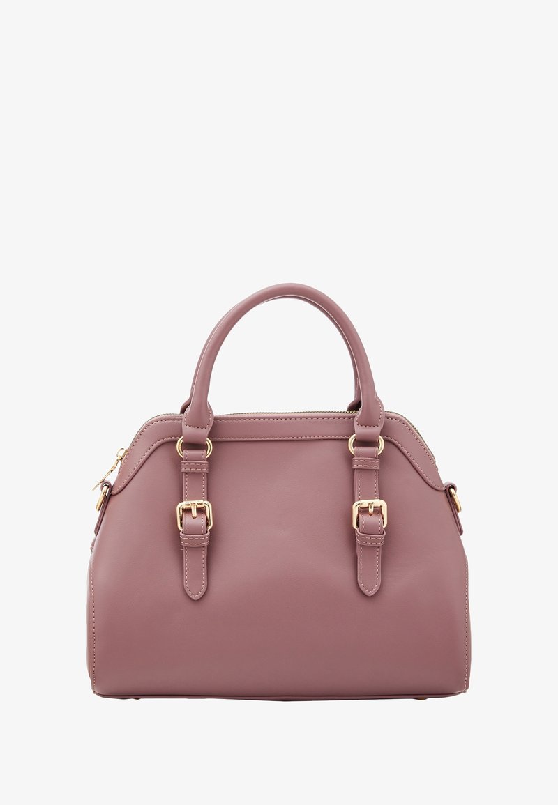 Nahka käsilaukku pehmeässä mauve-värissä. Varusteena kultasävyisiä metalliosia, kaksoiskahvoja ja solkikoristeita sivuilla. Tasainen pinta.