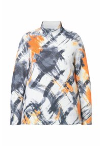 Hochkragenpullover mit langen Ärmeln und abstraktem Pinselstrichmuster in Orange, Grau und Weiß.