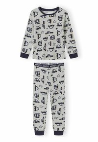 Set de pijamale din bumbac gri, cu mâneci lungi și pantaloni. Prezintă imprimeuri cu vehicule și stele de culoare albastru marin. Talie elastică și mâneci cu manșete.