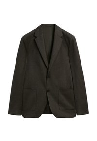 Mörkgrå blazer med två framfickor, enkelknappslåsning, slagkrage och tillverkad av strukturerad tyg.