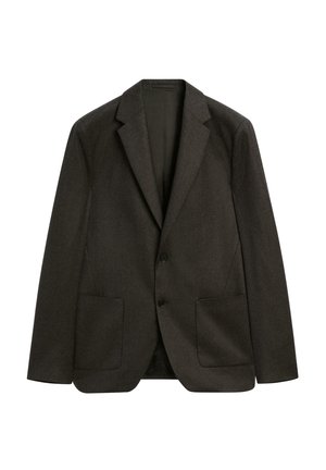 Blazer gris foncé avec deux poches frontales, fermeture à un bouton, col à revers et fabriqué en tissu texturé.