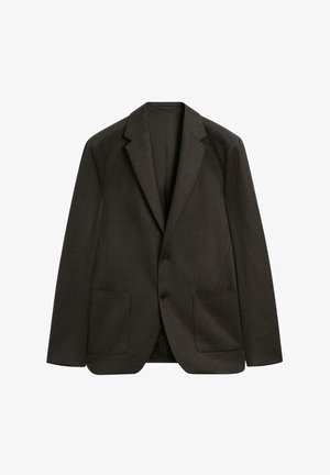 Donkergrijze blazer met twee voorzakken, eenknopsluiting, reverskraag en gemaakt van textuurstof.