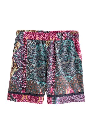 Bunte gemusterte Shorts mit Paisleymuster in Türkis, Pink und Braun; elastischer Bund; leichtes Material; mit schwarzen Akzenten.