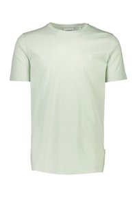 Vaaleanvihreä puuvillapaita, jossa on pyöreä kaula-aukko ja lyhyt hiha, jossa on sileä pinta ja vähäiset ompeluyksityiskohdat.