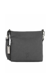 Grey perforated shoulder bag with detachable strap. Features a subtle embossed logo and a textured surface. Compact rectangular shape.