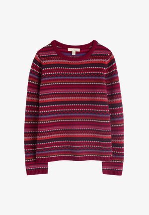 Maglione a maglia con scollatura rotonda e maniche lunghe, decorato con strisce multicolori e motivi geometrici nei toni del rosso, blu e crema.