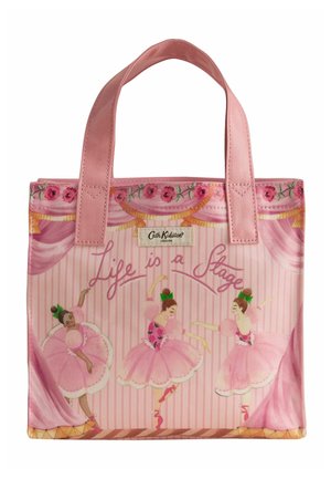 Pink tote bag with three ballerinas dancing on stage and the text "Life is a Stage" above them, floral curtain border at top.