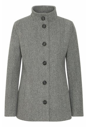 Grau-wollene Mantel mit hohem Kragen, ausgestattet mit fünf schwarzen Knöpfen an der Vorderseite, glatter Textur und geradem Schnitt.