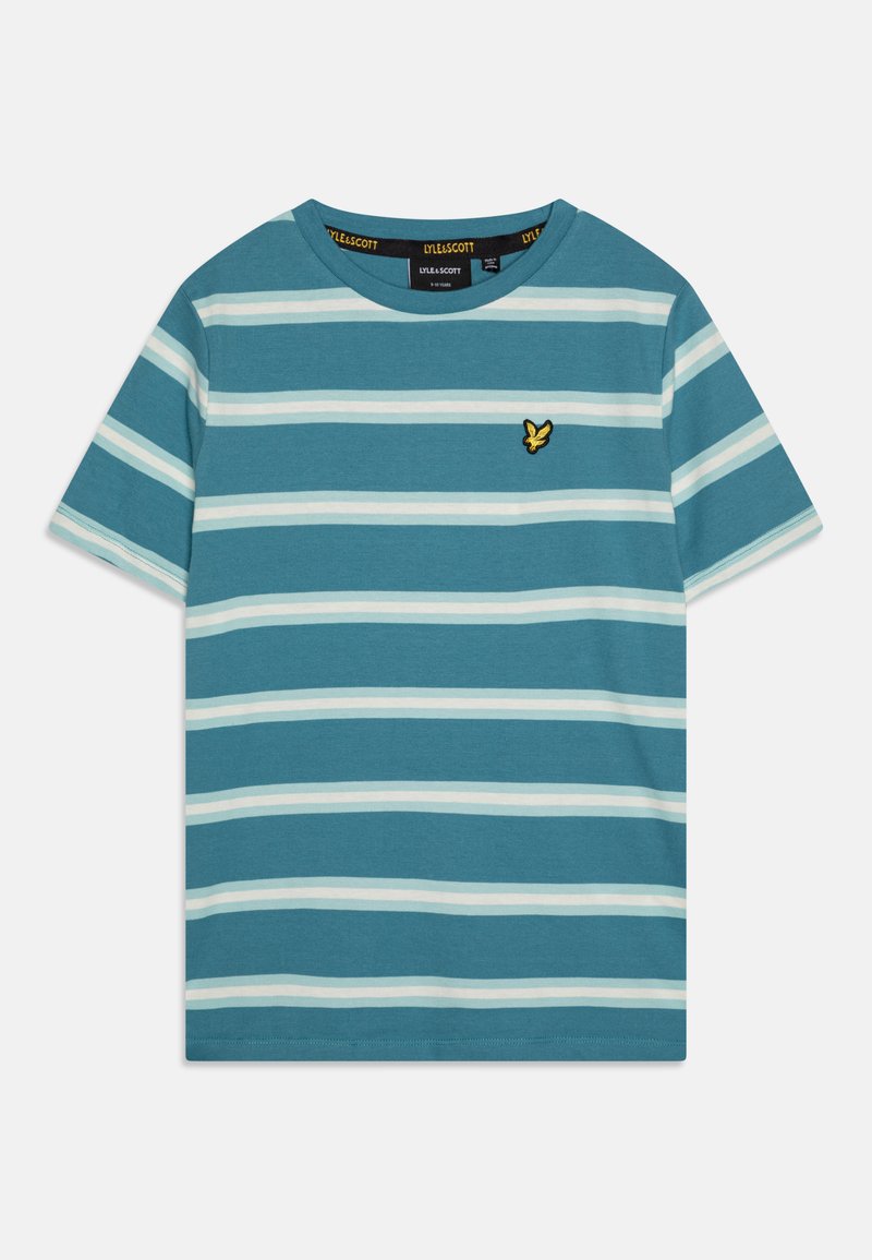 Türkise gestreifte T-Shirt aus Baumwollmischung. Mit weißen horizontalen Streifen und einem kleinen gestickten gelben Logo auf der Brust. Kurze Ärmel.