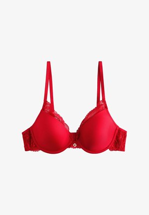 Rød polstret bh med blondekant, justerbare stropper og lukning med hægter. Glatte skåle med afrundet form og dekorative detaljer på bæltet.